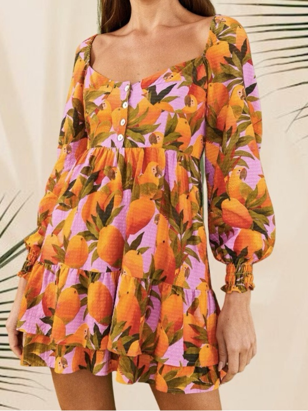 EUC Farm Rio Anthropologie Lilac Mango Macaw Tropical Boho Chic Resortwear Dress